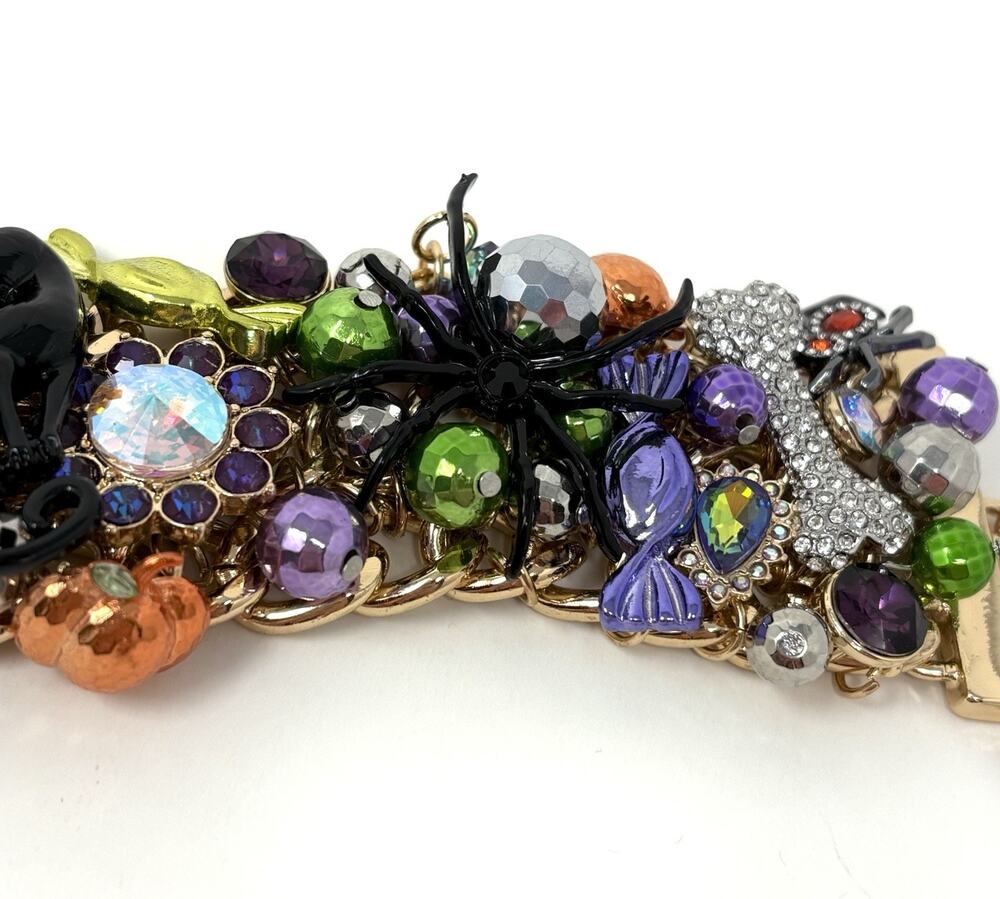 Betsey Johnson Halloween Toggle Bracelet Black Cat Spider Bat Candy Charms Wide